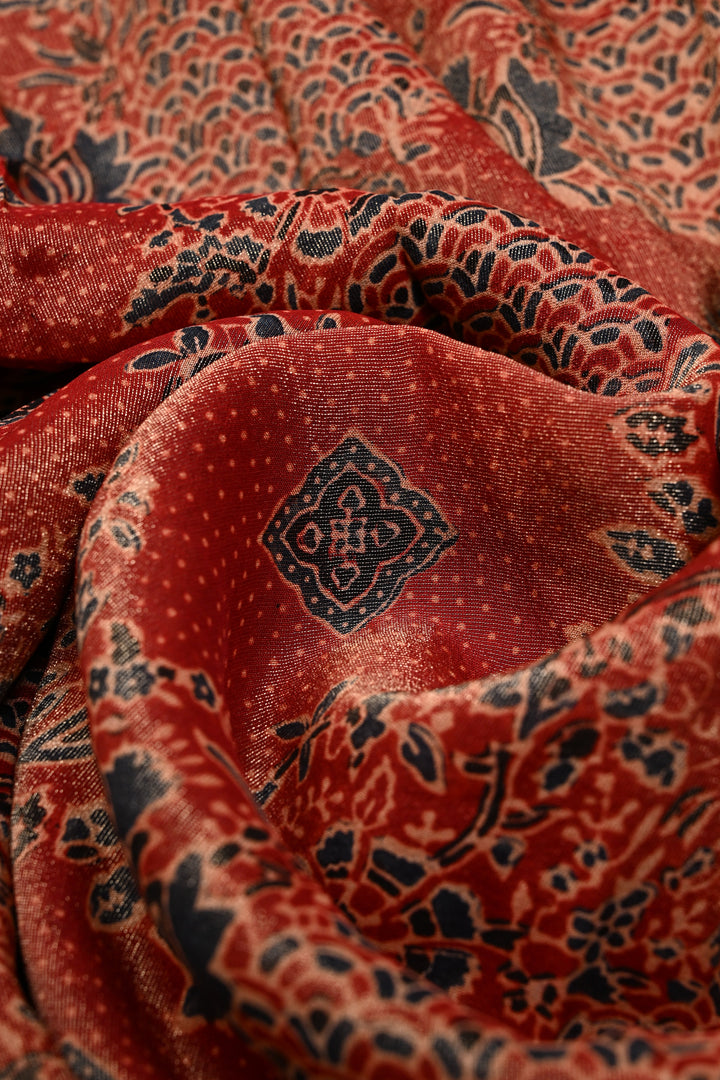 Brick Red Vegan Viscose Tissue Silk Saree with Ajrakh  Print and Zari Border | SHOBITAM