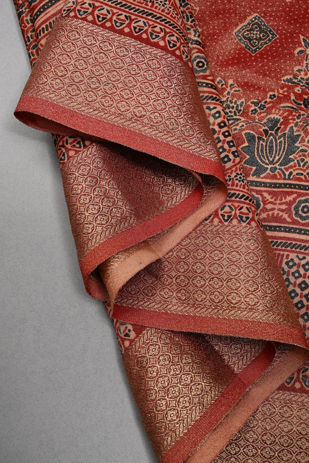 Brick Red Vegan Viscose Tissue Silk Saree with Ajrakh  Print and Zari Border | SHOBITAM