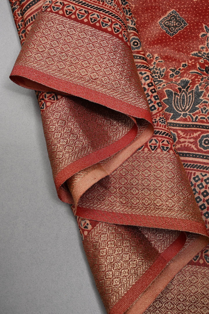 Brick Red Vegan Viscose Tissue Silk Saree with Ajrakh  Print and Zari Border | SHOBITAM
