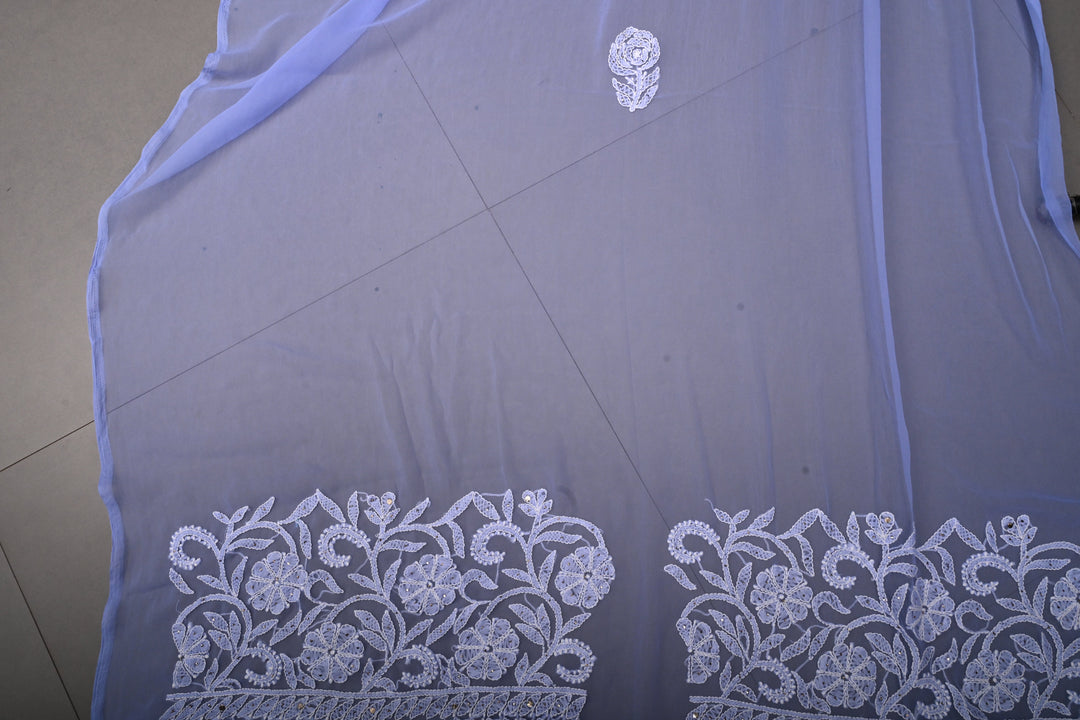 Periwinkle Authentic Hand-Embroidered Full Jaal Chikankari Georgette Saree with Mukeish Work and Border | SHOBITAM