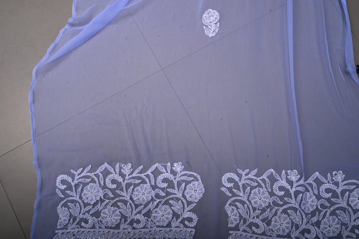 Periwinkle Authentic Hand-Embroidered Full Jaal Chikankari Georgette Saree with Mukeish Work and Border | SHOBITAM