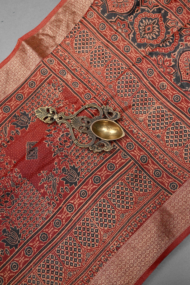 Brick Red Vegan Viscose Tissue Silk Saree with Ajrakh  Print and Zari Border | SHOBITAM