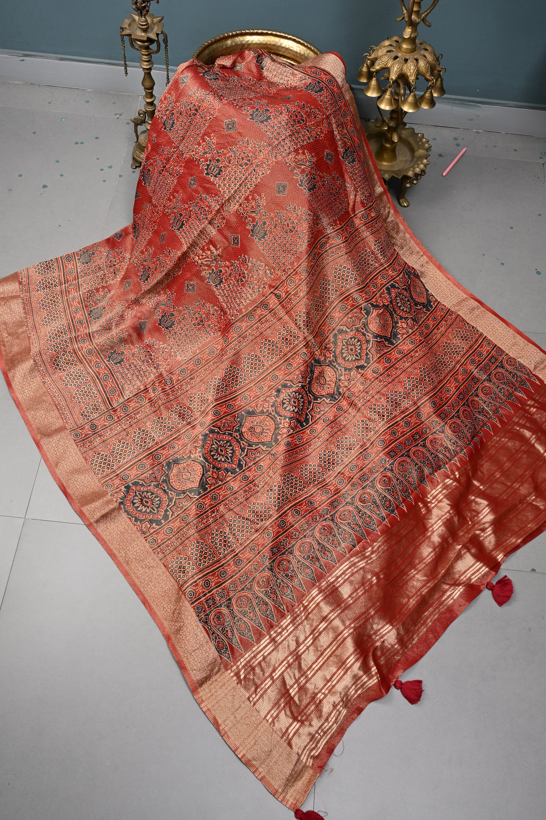 Brick Red Vegan Viscose Tissue Silk Saree with Ajrakh  Print and Zari Border | SHOBITAM