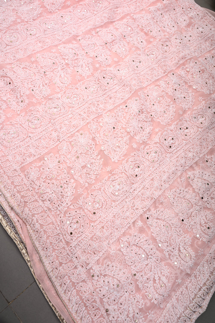 Blush Pink Authentic Hand-Embroidered Full Jaal Chikankari Georgette Saree with Mukeish Work and Border | SHOBITAM
