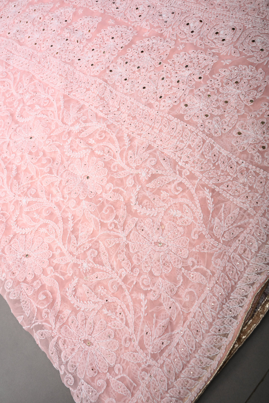Blush Pink Authentic Hand-Embroidered Full Jaal Chikankari Georgette Saree with Mukeish Work and Border | SHOBITAM