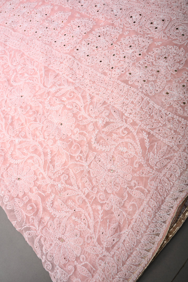 Blush Pink Authentic Hand-Embroidered Full Jaal Chikankari Georgette Saree with Mukeish Work and Border | SHOBITAM