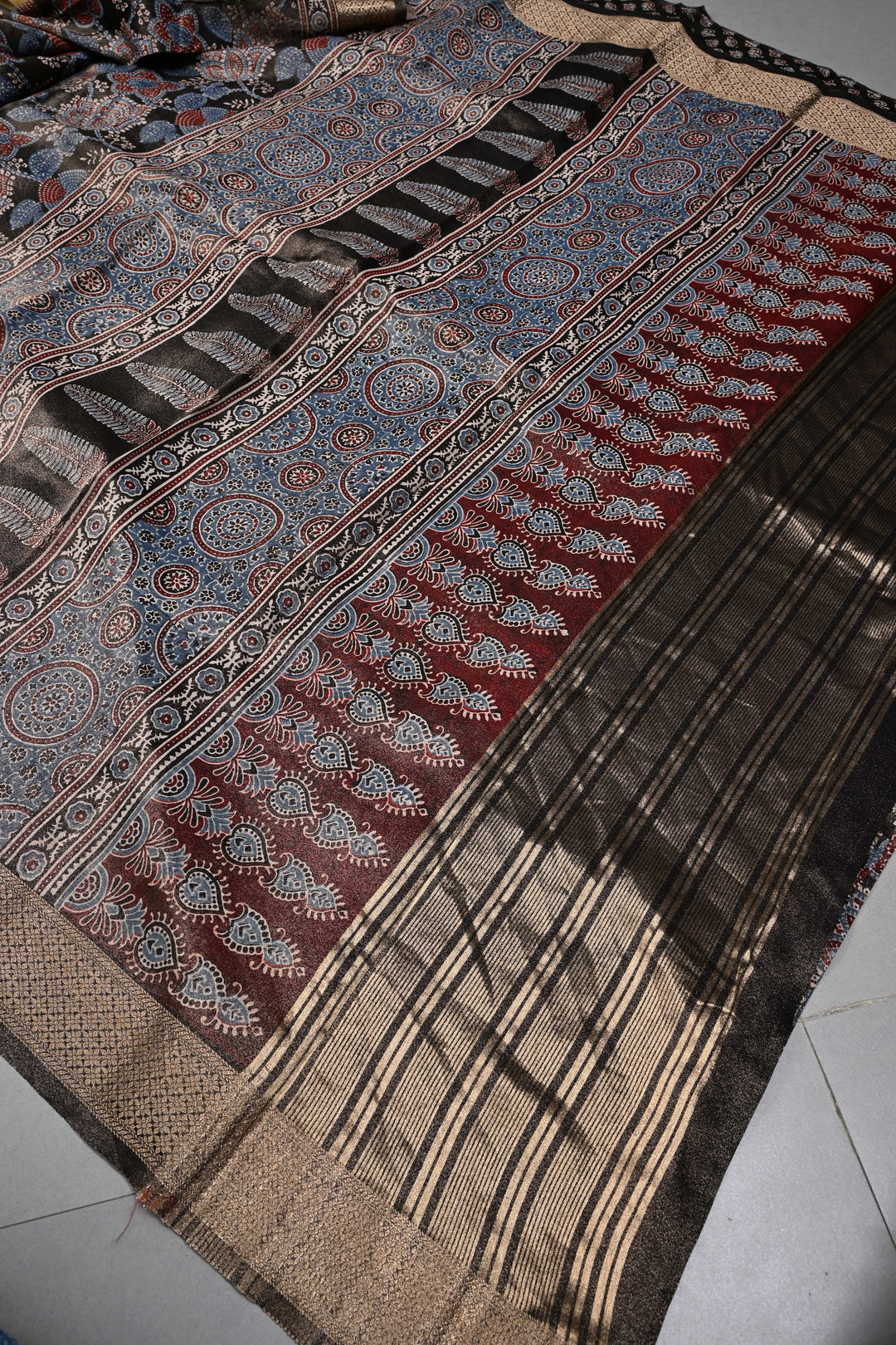 Black Vegan Viscose Tissue Silk Saree with Ajrakh  Print and Zari Border | SHOBITAM