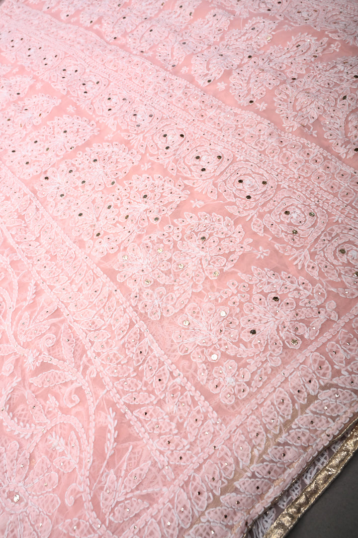 Blush Pink Authentic Hand-Embroidered Full Jaal Chikankari Georgette Saree with Mukeish Work and Border | SHOBITAM