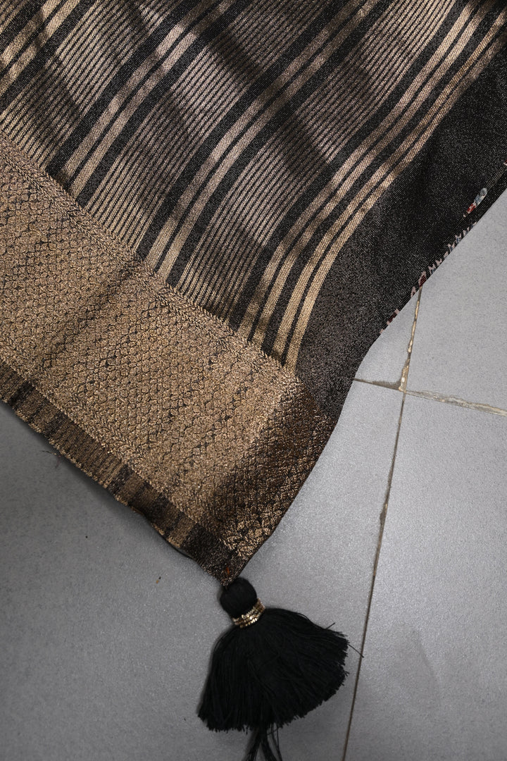 Black Vegan Viscose Tissue Silk Saree with Ajrakh  Print and Zari Border | SHOBITAM