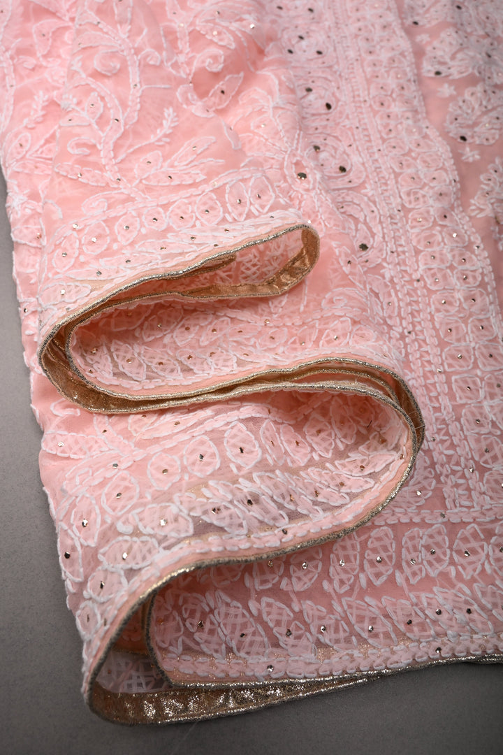 Blush Pink Authentic Hand-Embroidered Full Jaal Chikankari Georgette Saree with Mukeish Work and Border | SHOBITAM