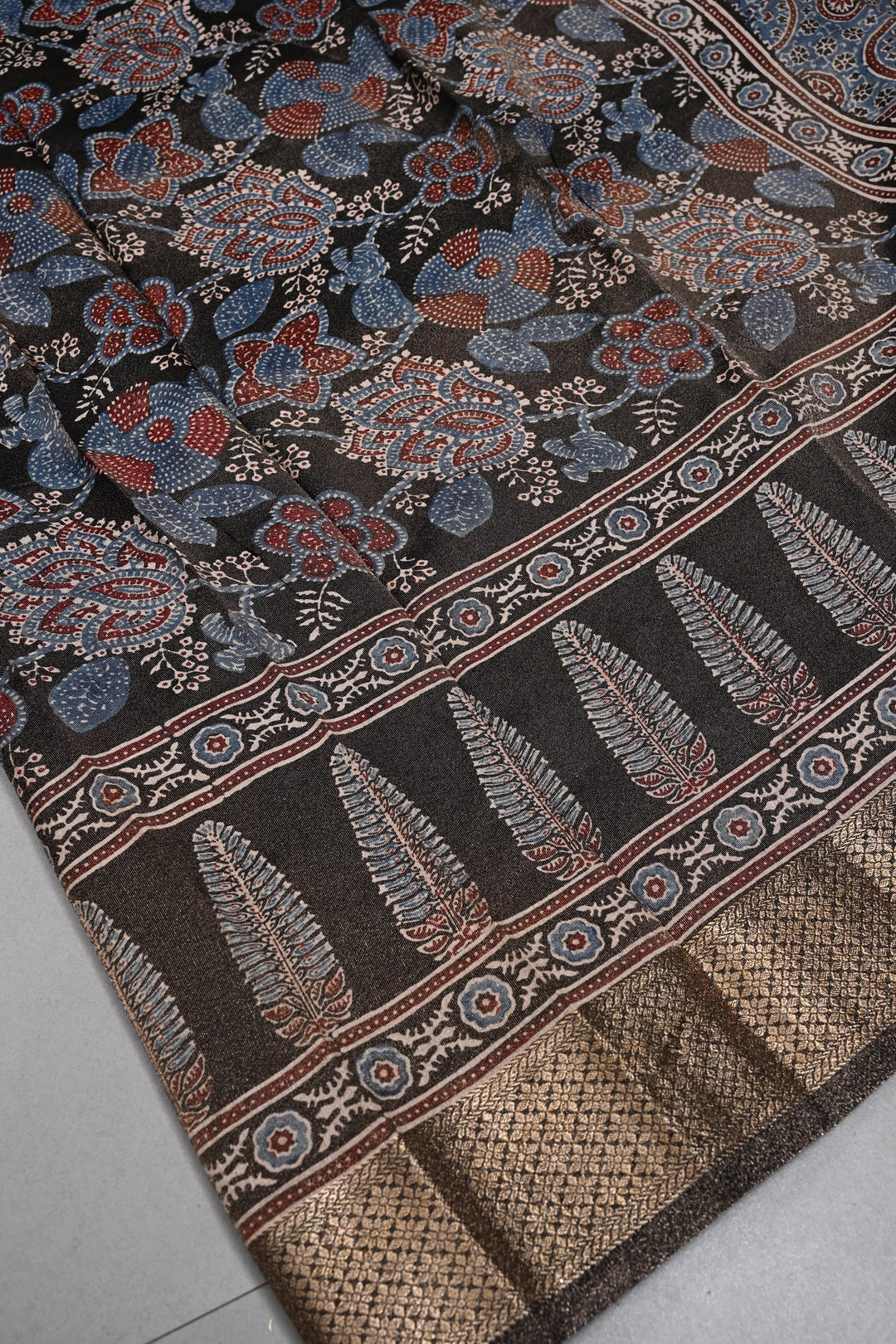 Black Vegan Viscose Tissue Silk Saree with Ajrakh  Print and Zari Border | SHOBITAM