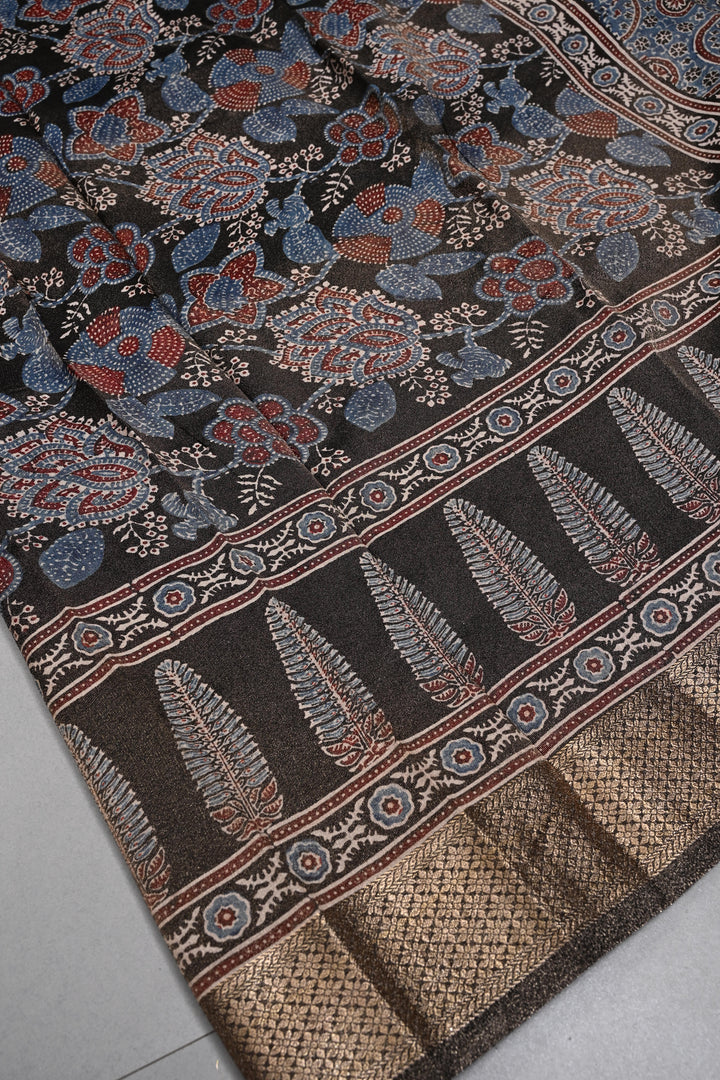 Black Vegan Viscose Tissue Silk Saree with Ajrakh  Print and Zari Border | SHOBITAM