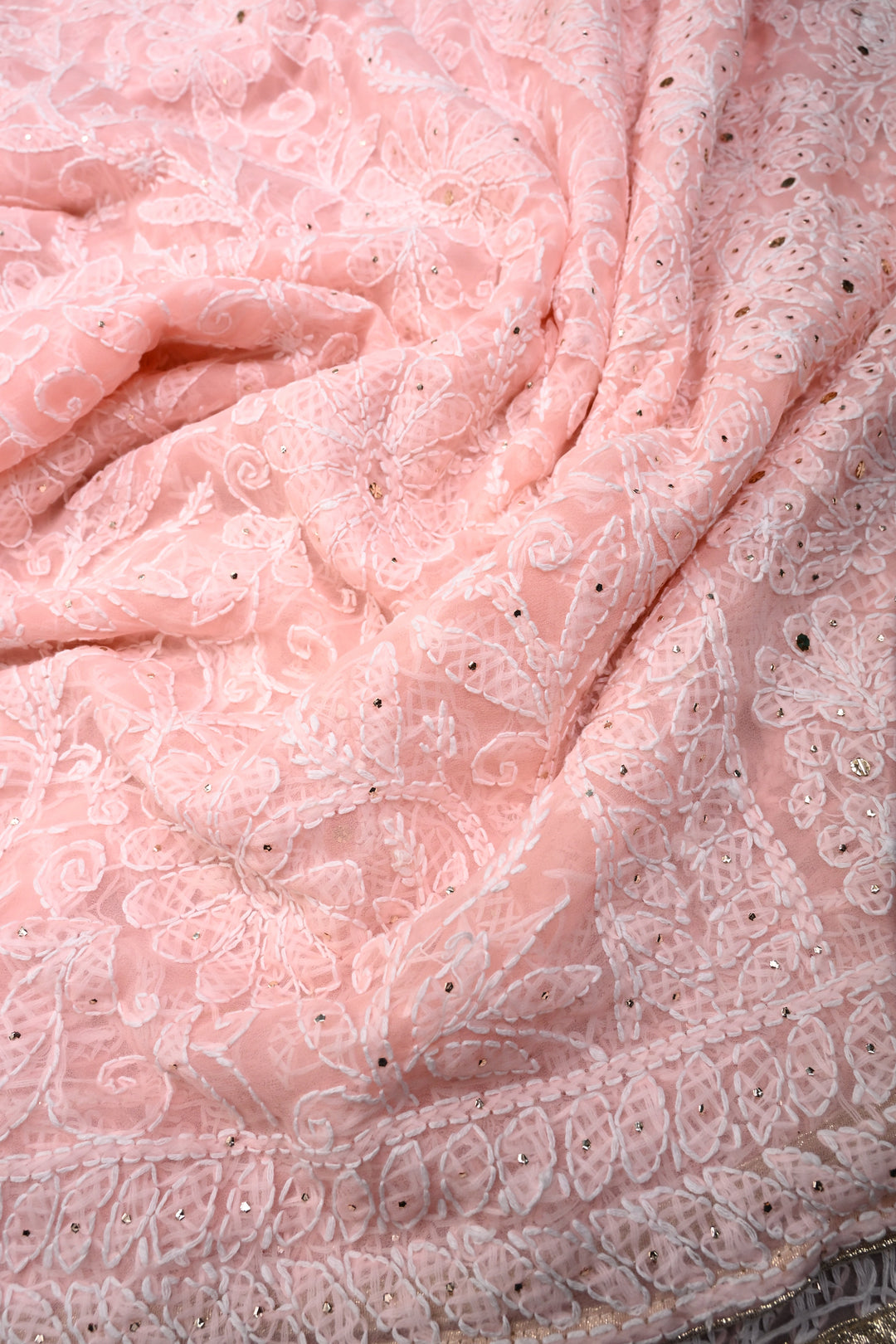 Blush Pink Authentic Hand-Embroidered Full Jaal Chikankari Georgette Saree with Mukeish Work and Border | SHOBITAM