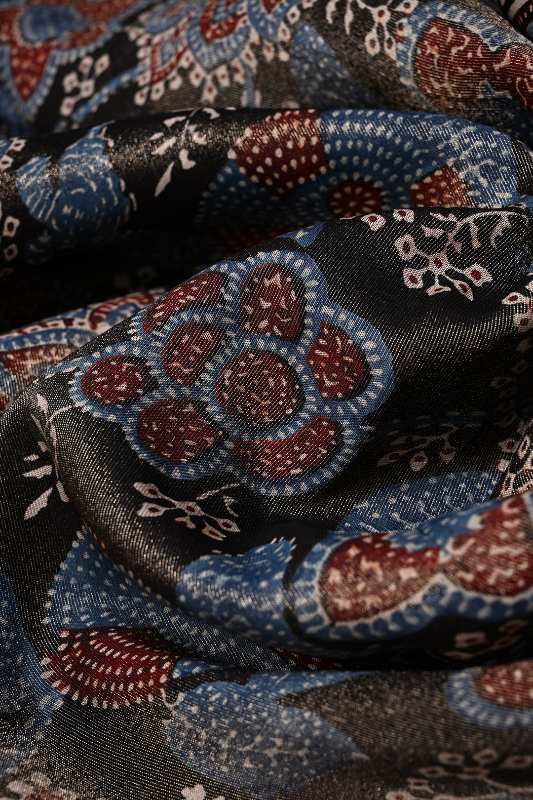 Black Vegan Viscose Tissue Silk Saree with Ajrakh  Print and Zari Border | SHOBITAM