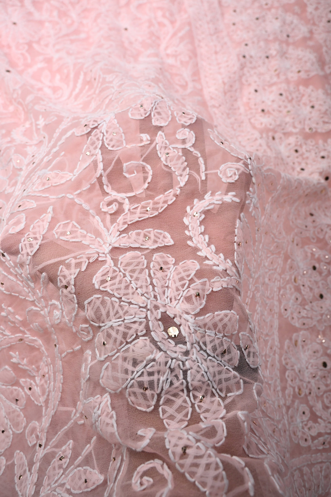 Blush Pink Authentic Hand-Embroidered Full Jaal Chikankari Georgette Saree with Mukeish Work and Border | SHOBITAM