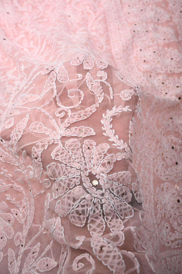 Blush Pink Authentic Hand-Embroidered Full Jaal Chikankari Georgette Saree with Mukeish Work and Border | SHOBITAM