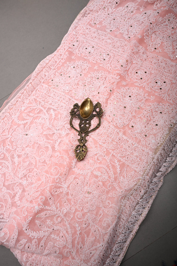Blush Pink Authentic Hand-Embroidered Full Jaal Chikankari Georgette Saree with Mukeish Work and Border | SHOBITAM