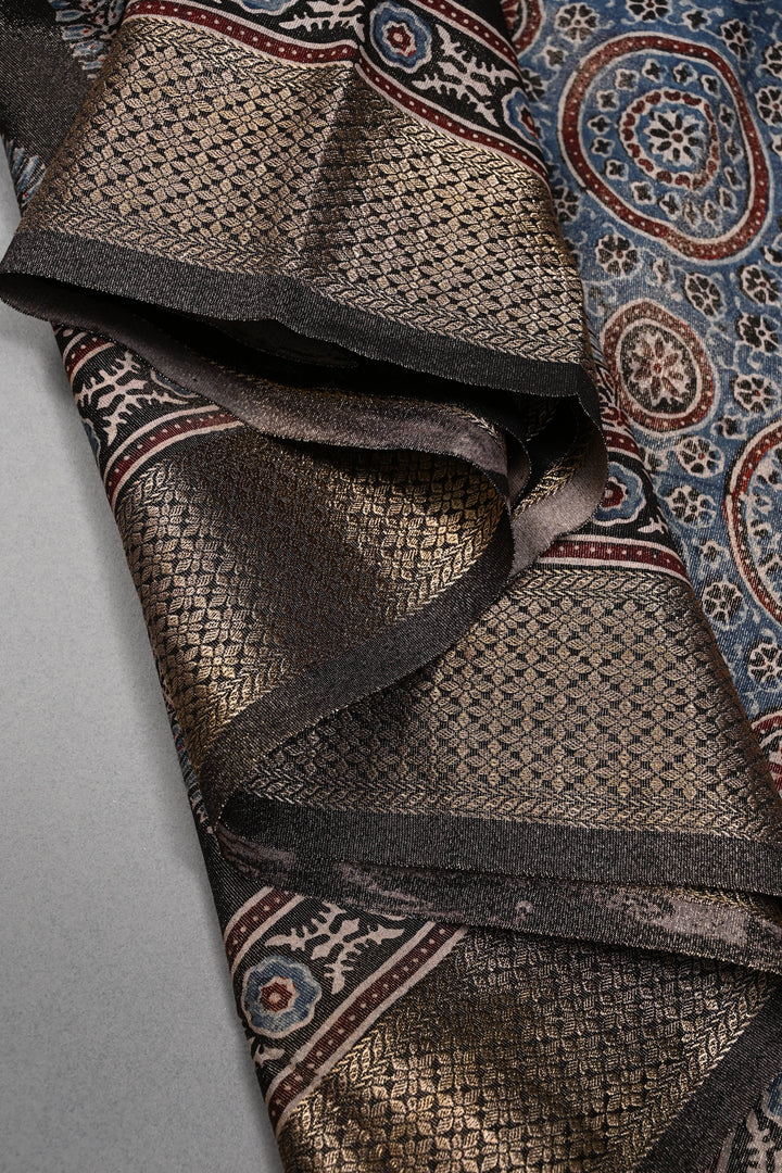 Black Vegan Viscose Tissue Silk Saree with Ajrakh  Print and Zari Border | SHOBITAM