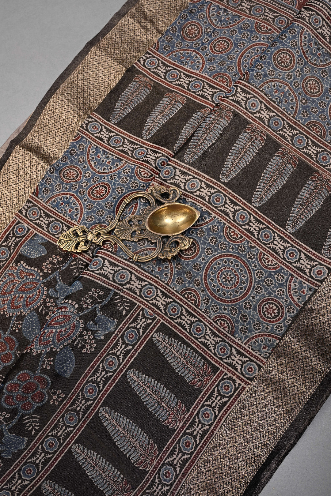 Black Vegan Viscose Tissue Silk Saree with Ajrakh  Print and Zari Border | SHOBITAM