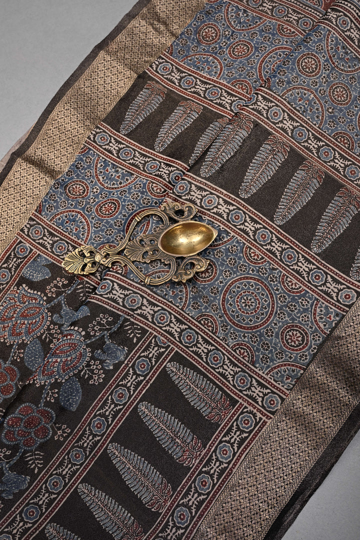 Black Vegan Viscose Tissue Silk Saree with Ajrakh  Print and Zari Border | SHOBITAM