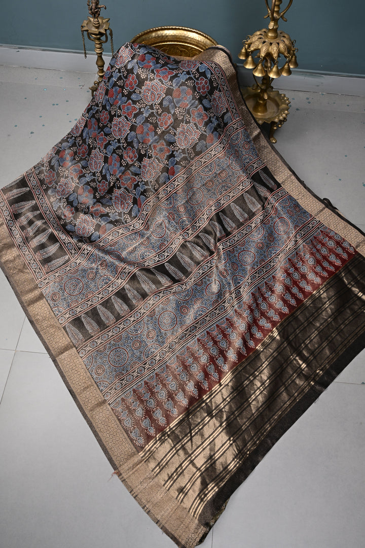Black Vegan Viscose Tissue Silk Saree with Ajrakh  Print and Zari Border | SHOBITAM