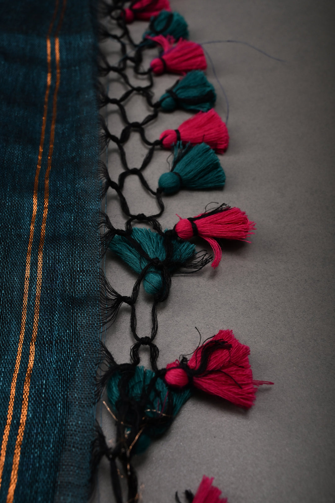 Teal-Black Meenakari Thread Buttas on Sagarika Linen Saree with Paithani Pallu and Minimal Tissue Border | SHOBITAM