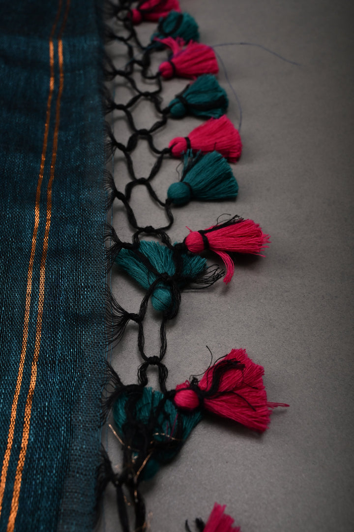 Teal-Black Meenakari Thread Buttas on Sagarika Linen Saree with Paithani Pallu and Minimal Tissue Border | SHOBITAM