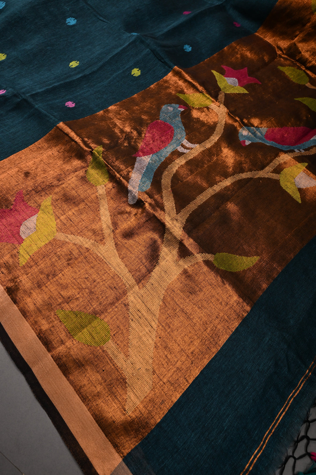 Teal-Black Meenakari Thread Buttas on Sagarika Linen Saree with Paithani Pallu and Minimal Tissue Border | SHOBITAM