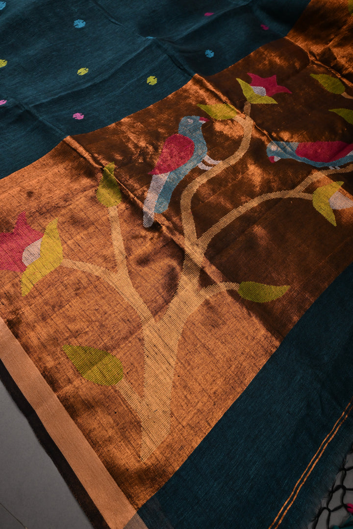 Teal-Black Meenakari Thread Buttas on Sagarika Linen Saree with Paithani Pallu and Minimal Tissue Border | SHOBITAM
