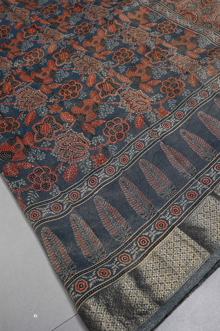 Indigo Vegan Viscose Tissue Silk Saree with Ajrakh Print and Zari Border | SHOBITAM