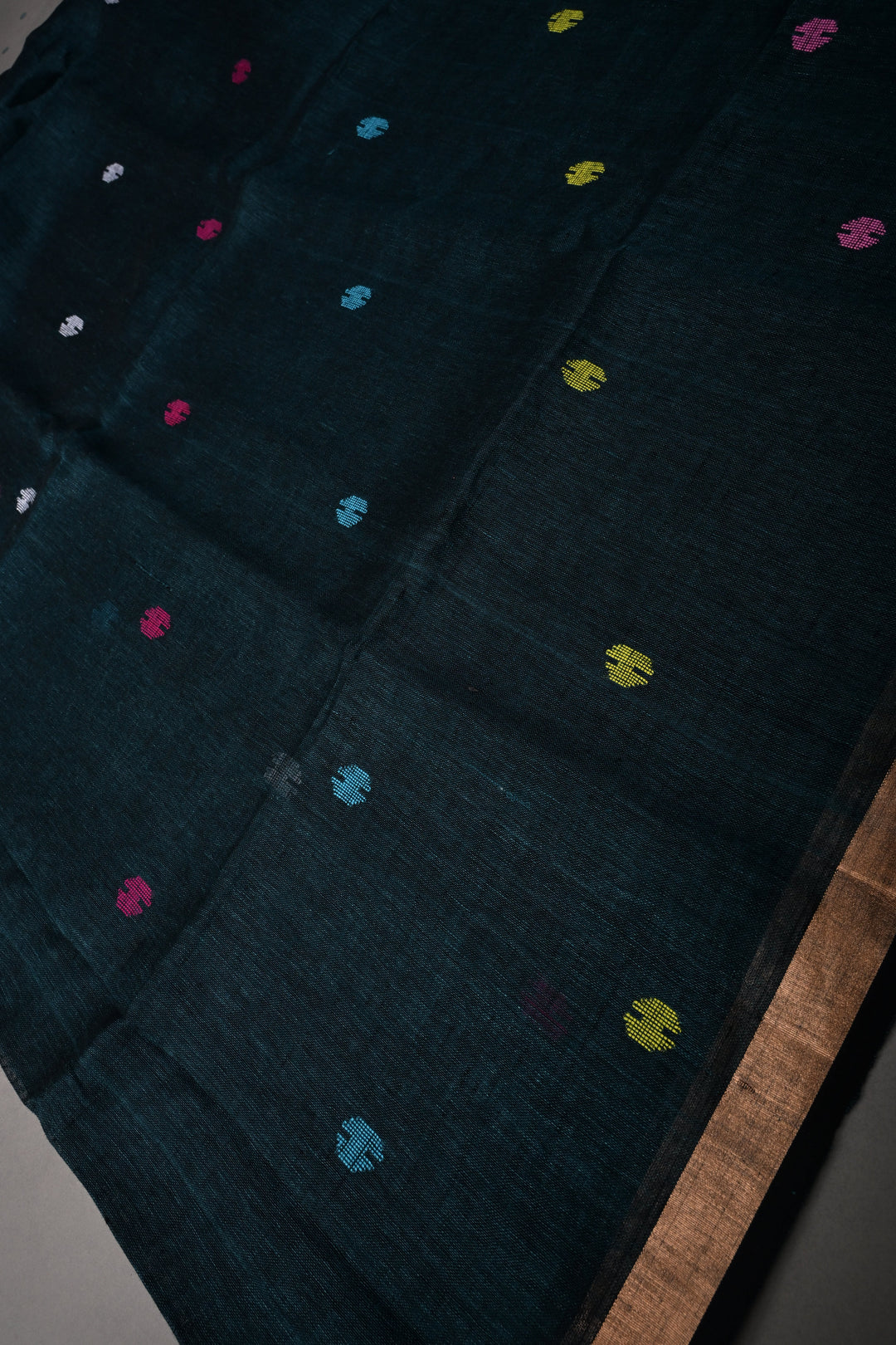 Teal-Black Meenakari Thread Buttas on Sagarika Linen Saree with Paithani Pallu and Minimal Tissue Border | SHOBITAM