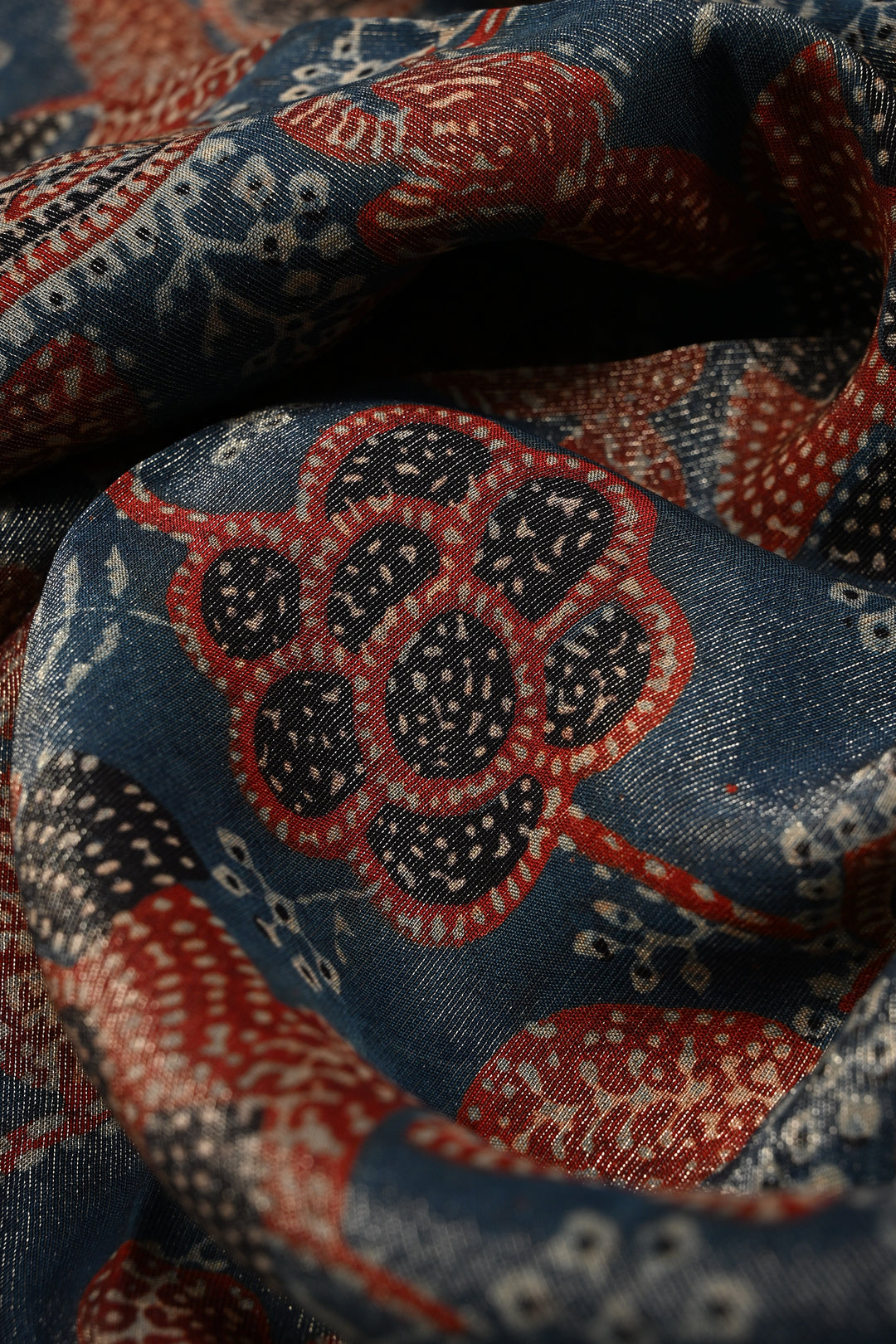 Indigo Vegan Viscose Tissue Silk Saree with Ajrakh Print and Zari Border | SHOBITAM