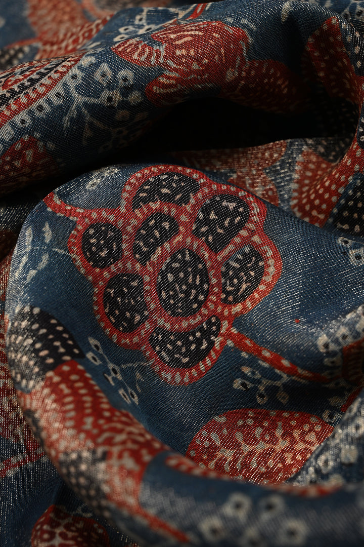 Indigo Vegan Viscose Tissue Silk Saree with Ajrakh Print and Zari Border | SHOBITAM