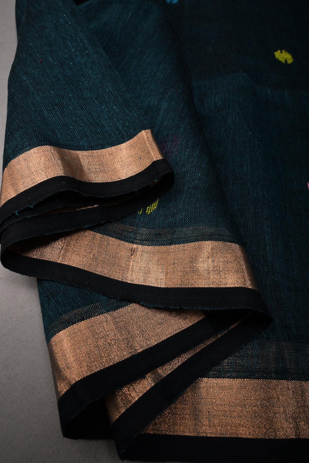 Teal-Black Meenakari Thread Buttas on Sagarika Linen Saree with Paithani Pallu and Minimal Tissue Border | SHOBITAM