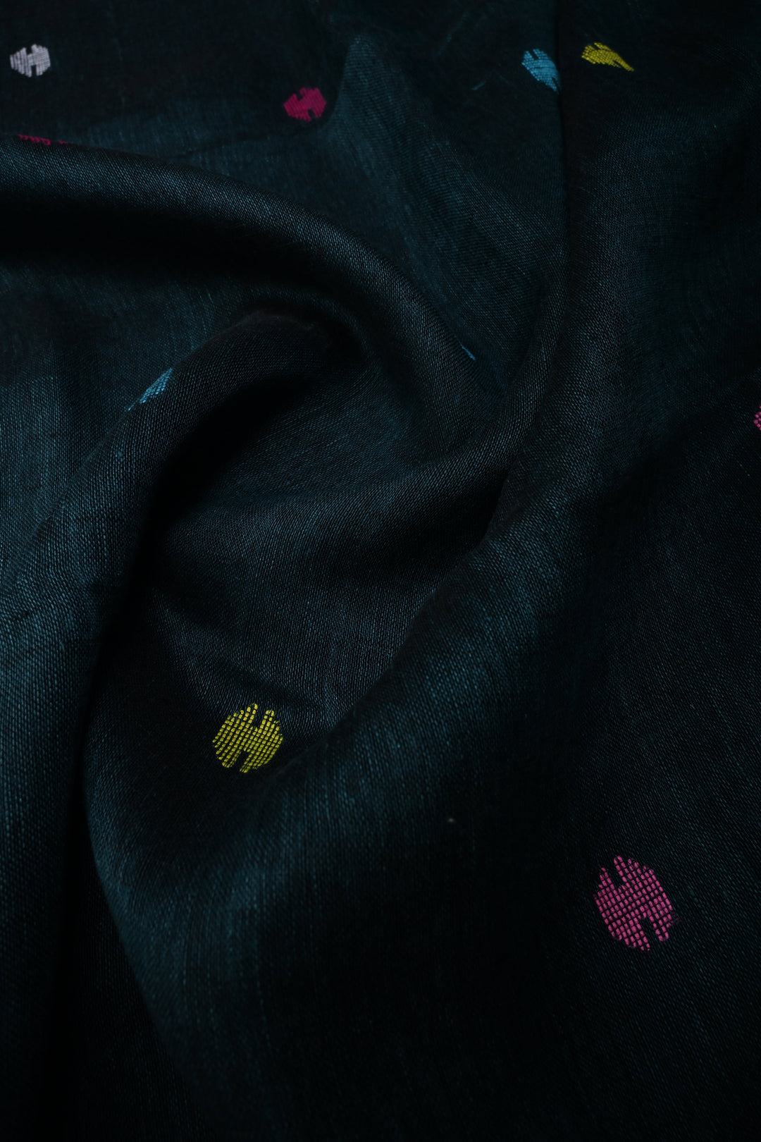 Teal-Black Meenakari Thread Buttas on Sagarika Linen Saree with Paithani Pallu and Minimal Tissue Border | SHOBITAM