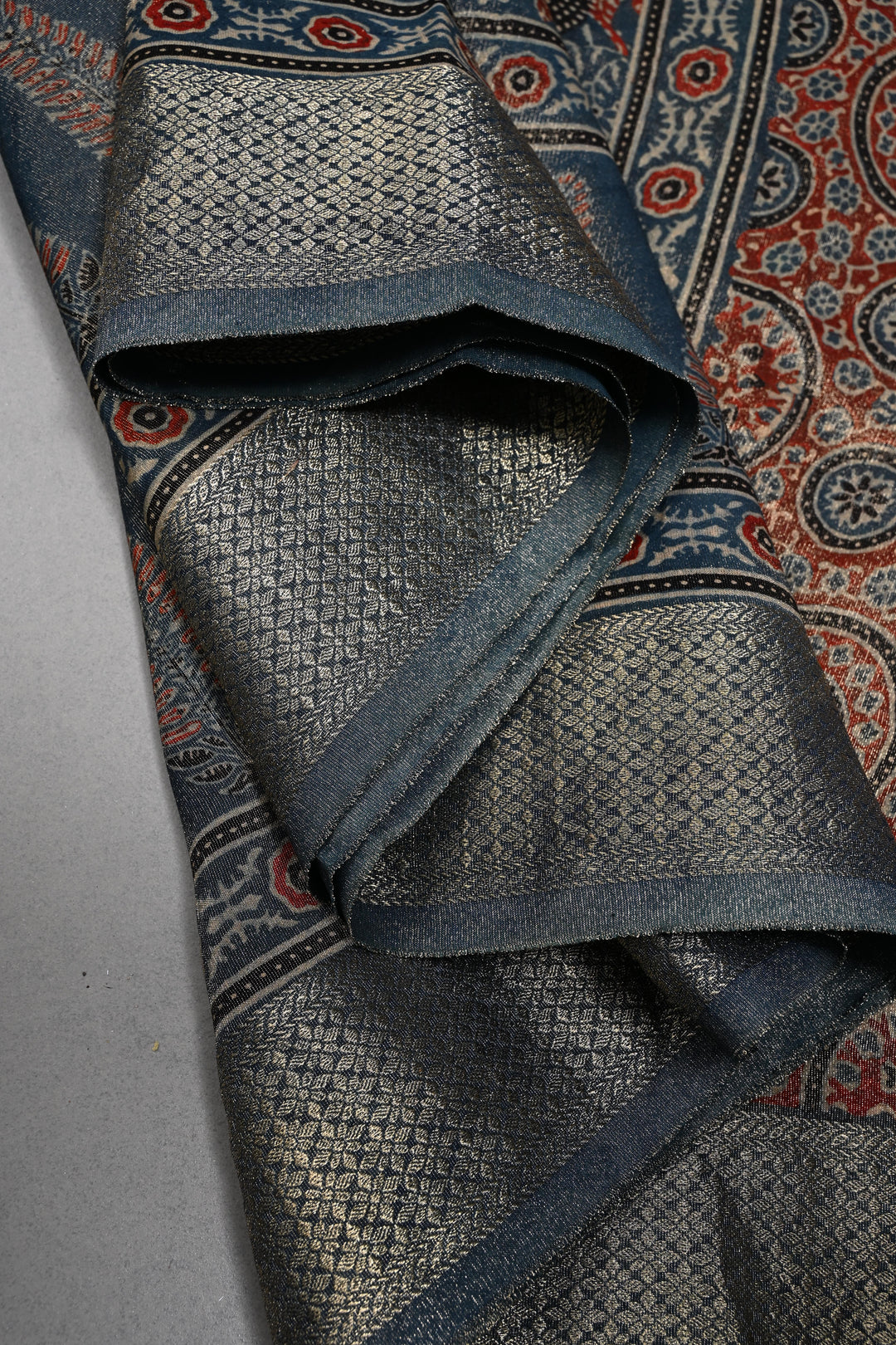 Indigo Vegan Viscose Tissue Silk Saree with Ajrakh Print and Zari Border | SHOBITAM