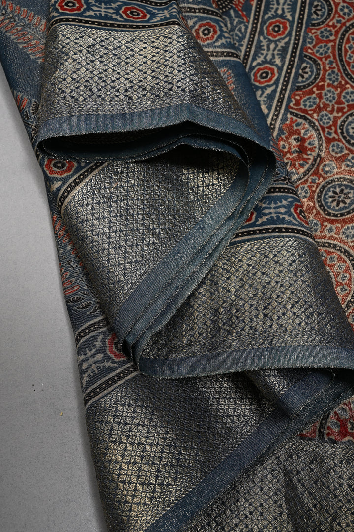 Indigo Vegan Viscose Tissue Silk Saree with Ajrakh Print and Zari Border | SHOBITAM