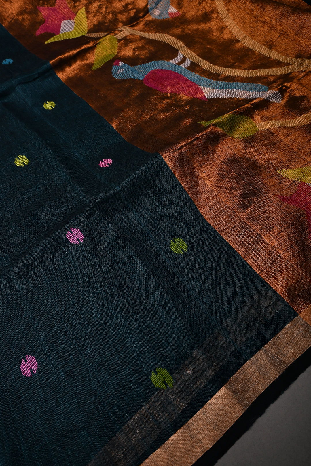 Teal-Black Meenakari Thread Buttas on Sagarika Linen Saree with Paithani Pallu and Minimal Tissue Border | SHOBITAM