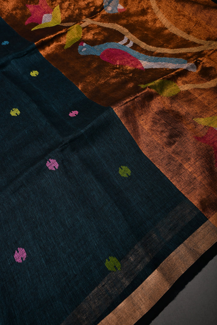 Teal-Black Meenakari Thread Buttas on Sagarika Linen Saree with Paithani Pallu and Minimal Tissue Border | SHOBITAM