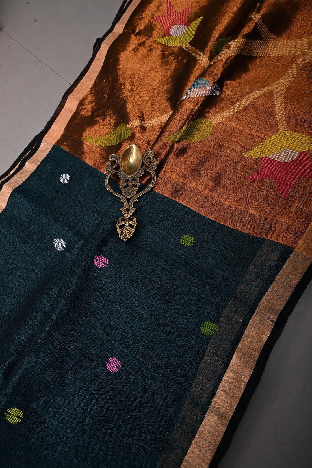 Teal-Black Meenakari Thread Buttas on Sagarika Linen Saree with Paithani Pallu and Minimal Tissue Border | SHOBITAM