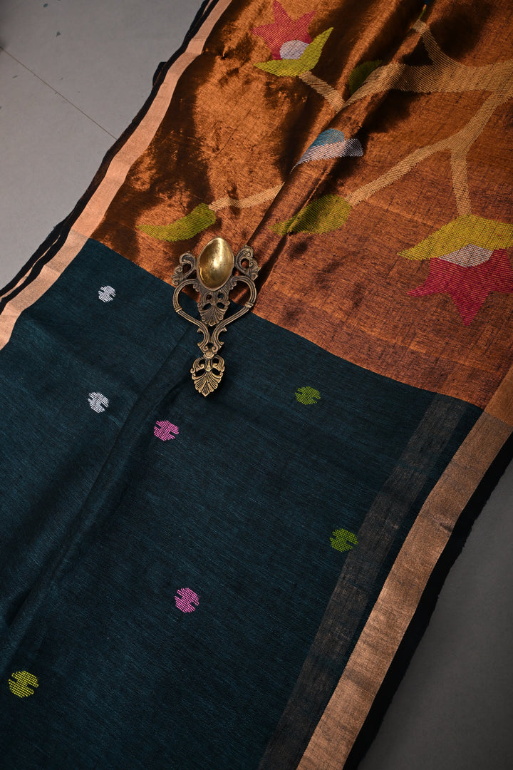 Teal-Black Meenakari Thread Buttas on Sagarika Linen Saree with Paithani Pallu and Minimal Tissue Border | SHOBITAM