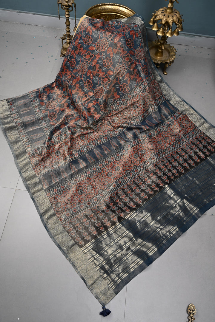 Indigo Vegan Viscose Tissue Silk Saree with Ajrakh Print and Zari Border | SHOBITAM