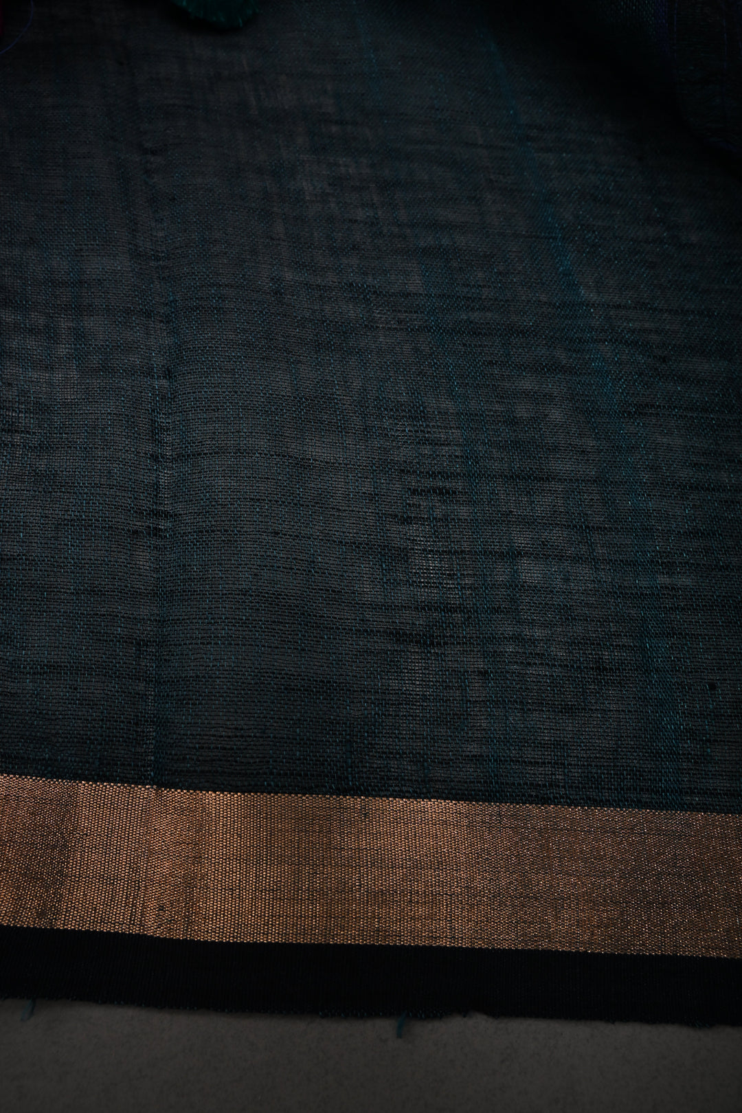 Teal-Black Meenakari Thread Buttas on Sagarika Linen Saree with Paithani Pallu and Minimal Tissue Border | SHOBITAM
