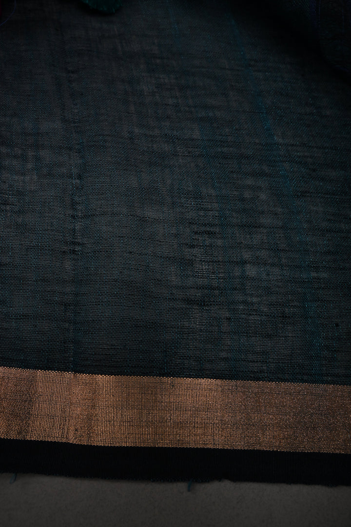 Teal-Black Meenakari Thread Buttas on Sagarika Linen Saree with Paithani Pallu and Minimal Tissue Border | SHOBITAM