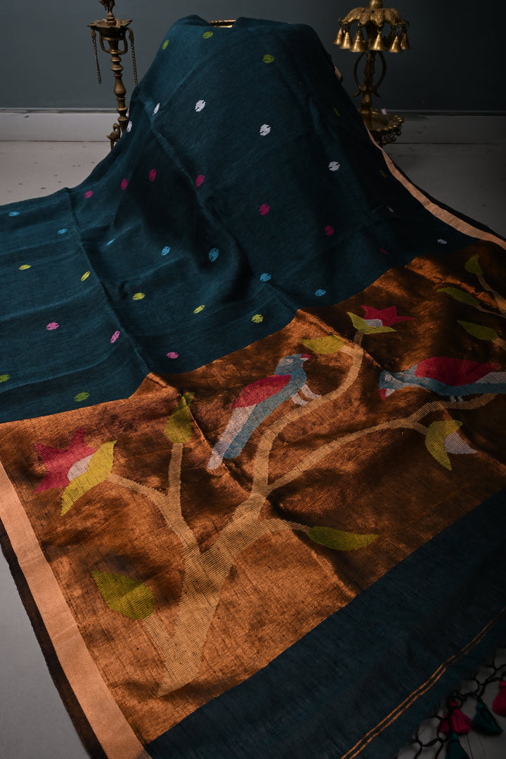 Teal-Black Meenakari Thread Buttas on Sagarika Linen Saree with Paithani Pallu and Minimal Tissue Border | SHOBITAM