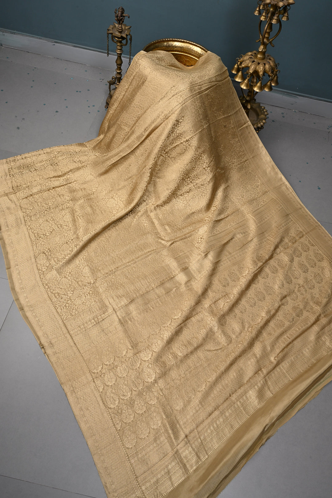 Champagne Mysore Silk Saree with Zari Brocade and Zari Border | SILK MARK CERTIFIED | SHOBITAM