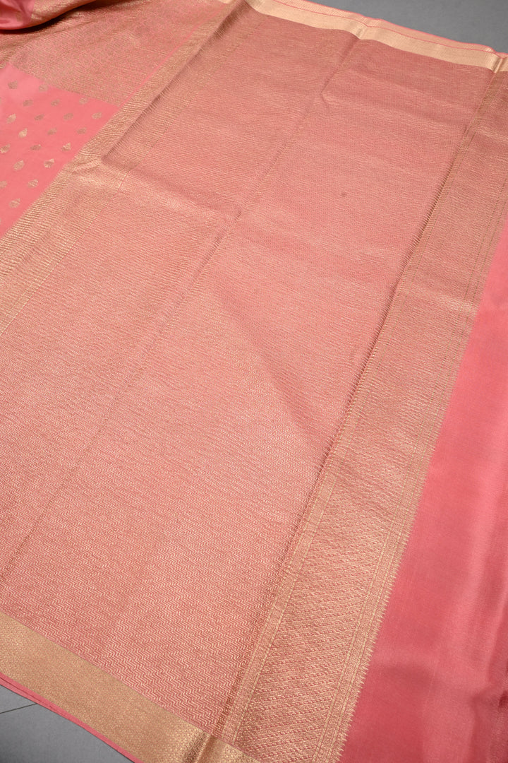 Peachy Pink Mysore Silk Saree with Brocade-Zari Buttas Grid Design and Minimal Zari Border | SILK MARK CERTIFIED | SHOBITAM