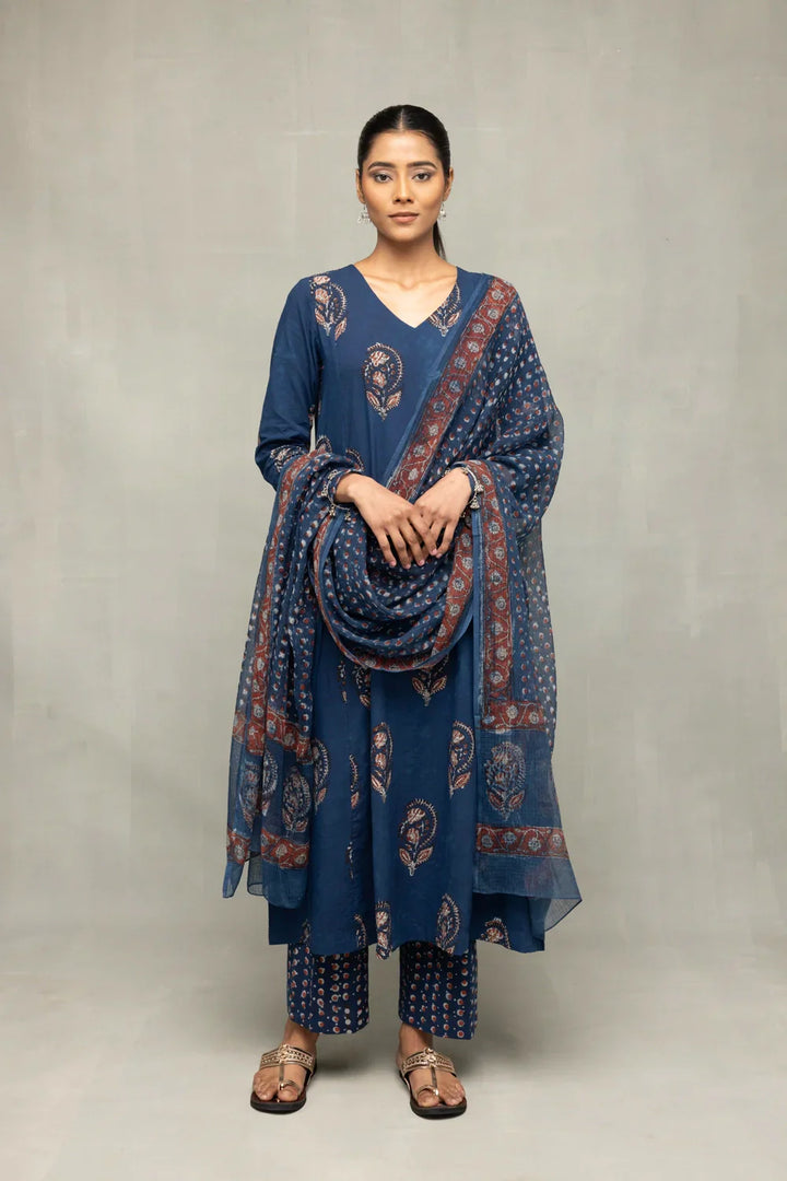 Indigo Hand Block Printed Kurta Set with Dupatta  | SHOBITAM
