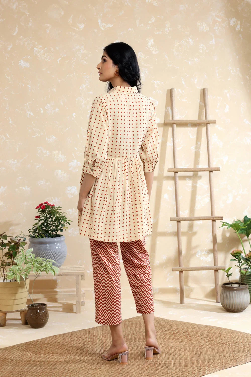 Cream Polka Dots Pure Cotton Block Print Co-ord Set | SHOBITAM