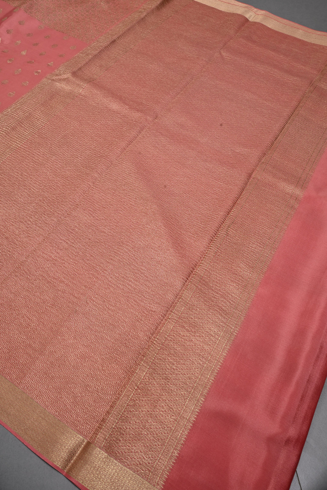 Peachy Pink Mysore Silk Saree with Brocade-Zari Buttas Grid Design and Minimal Zari Border | SILK MARK CERTIFIED | SHOBITAM